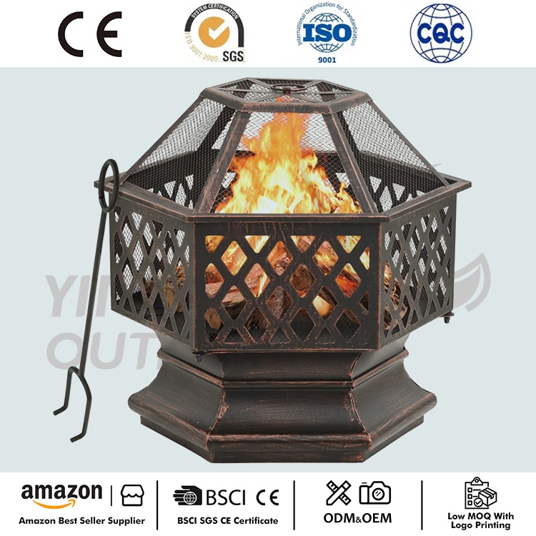 Hexagon Wood Bronze Finish Steel Pit Fire Pit